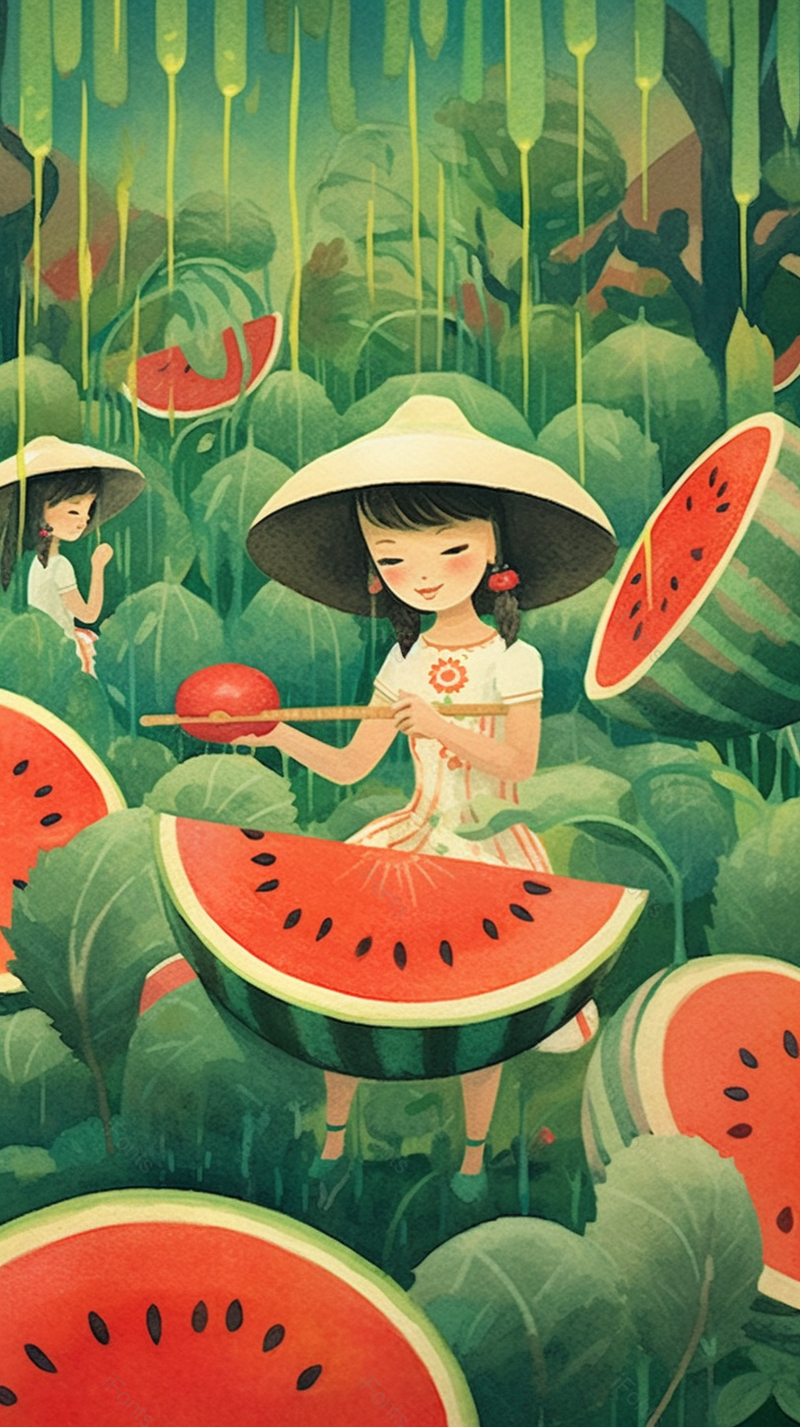 绿色夏天自然田园风光西瓜女孩插画背景,插画/手绘图,插画/手绘图库,插画/手绘图下载,插画/手绘